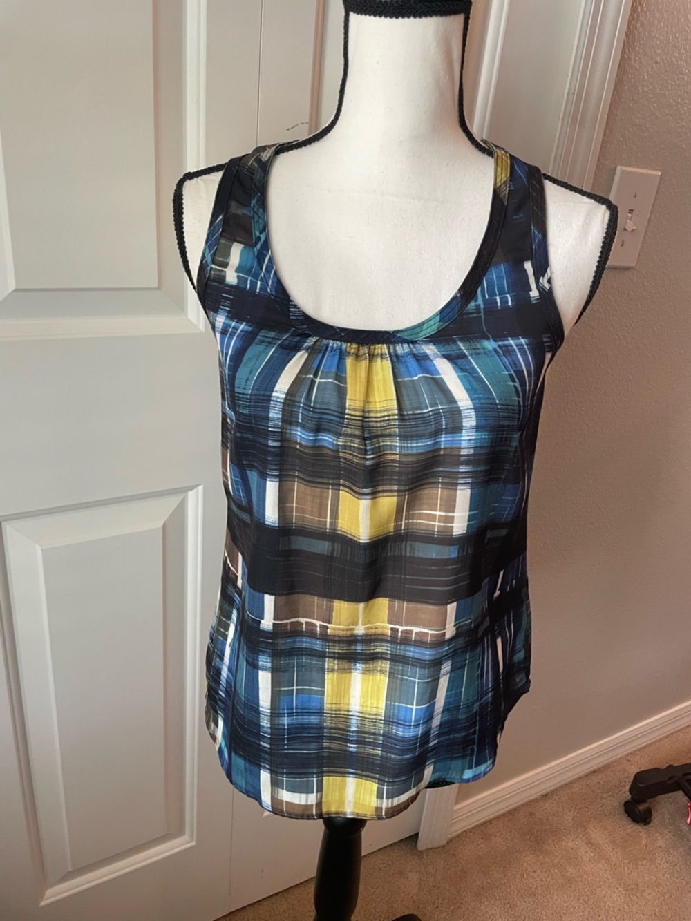 Trina Turk Blue, Yellow & Black Plaid Scoop Neck Tank